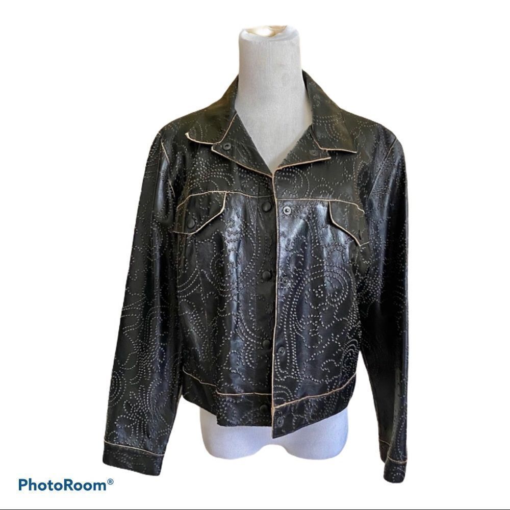 Neto black Perforated leather contrast flowers stitches classic moto jacket 10